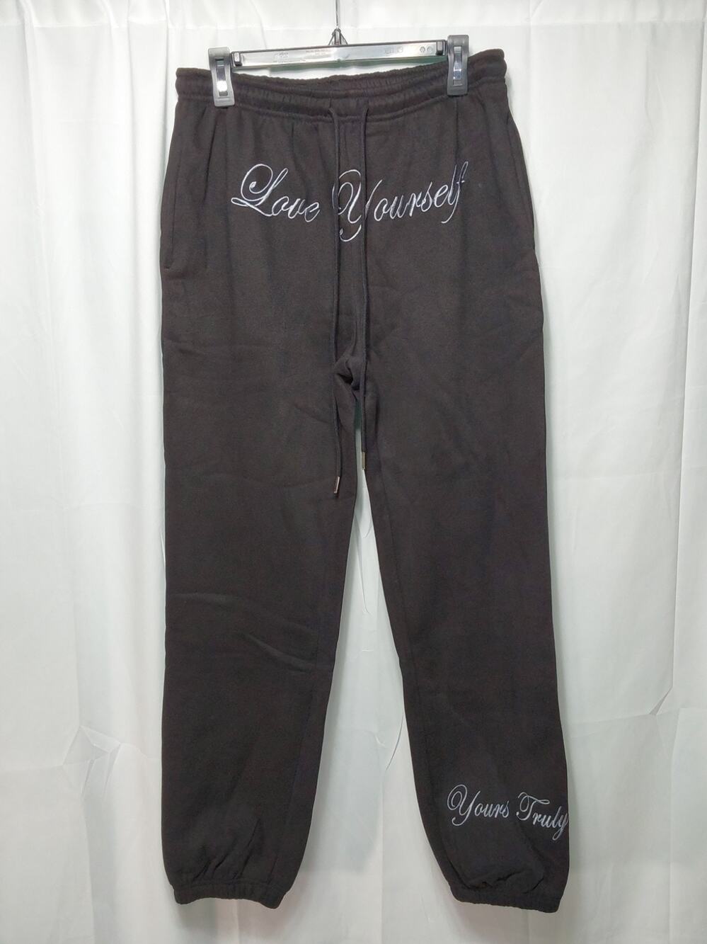 Yours Truly Medium Black Embroidered 'Love Yourself' Drawstring Joggers #J39